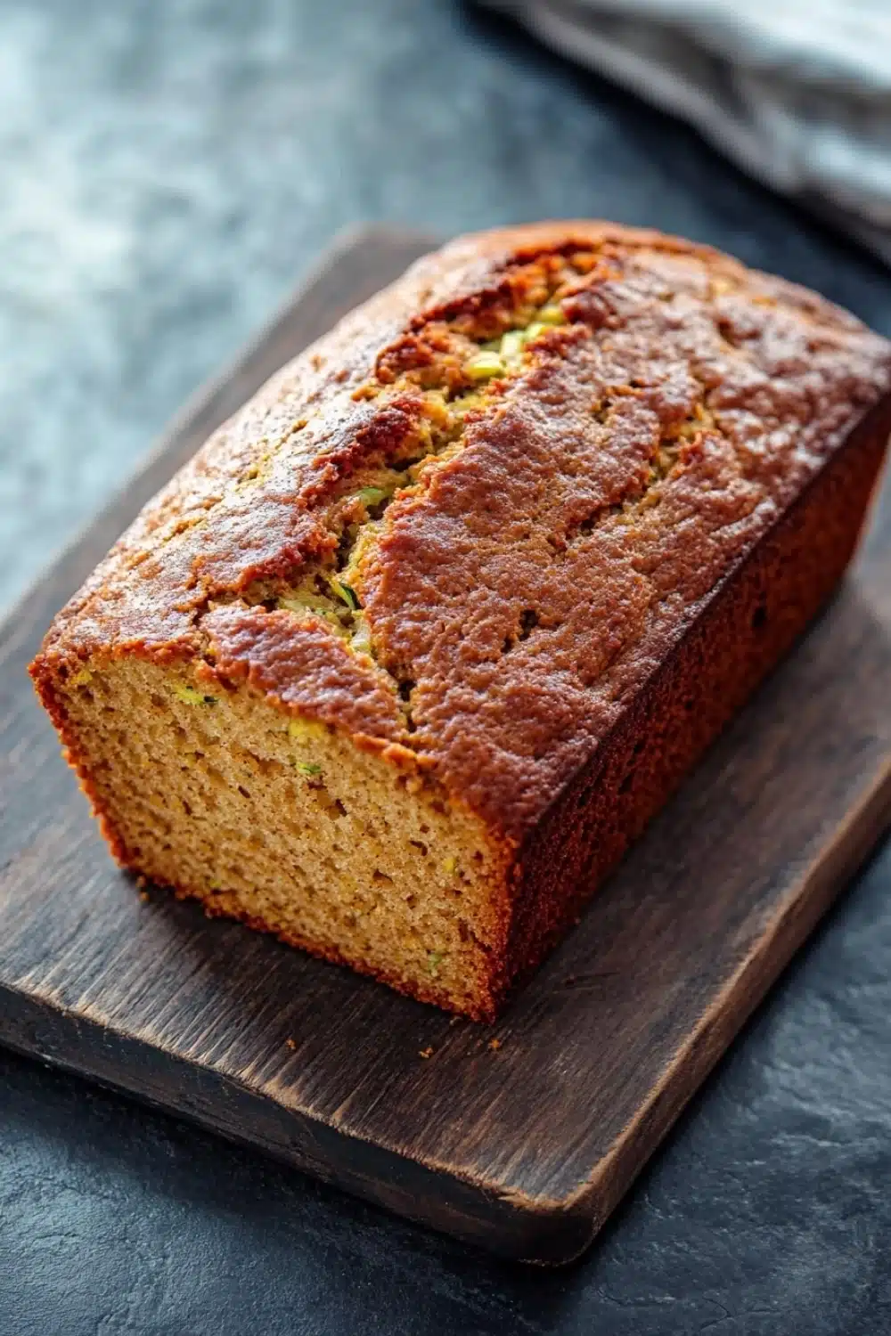 Pumpkin apple zucchini bread - the image shows a freshly baked loaf of bread on a wooden cutting board. the bread appears to be golden brown in color and has a slightly crumbly texture. it is topped with zucchini seeds, which are visible in the center of the loaf. the cutting board is placed on a dark grey countertop with a gray and white striped napkin in the background. the overall mood of the image is rustic and homey.