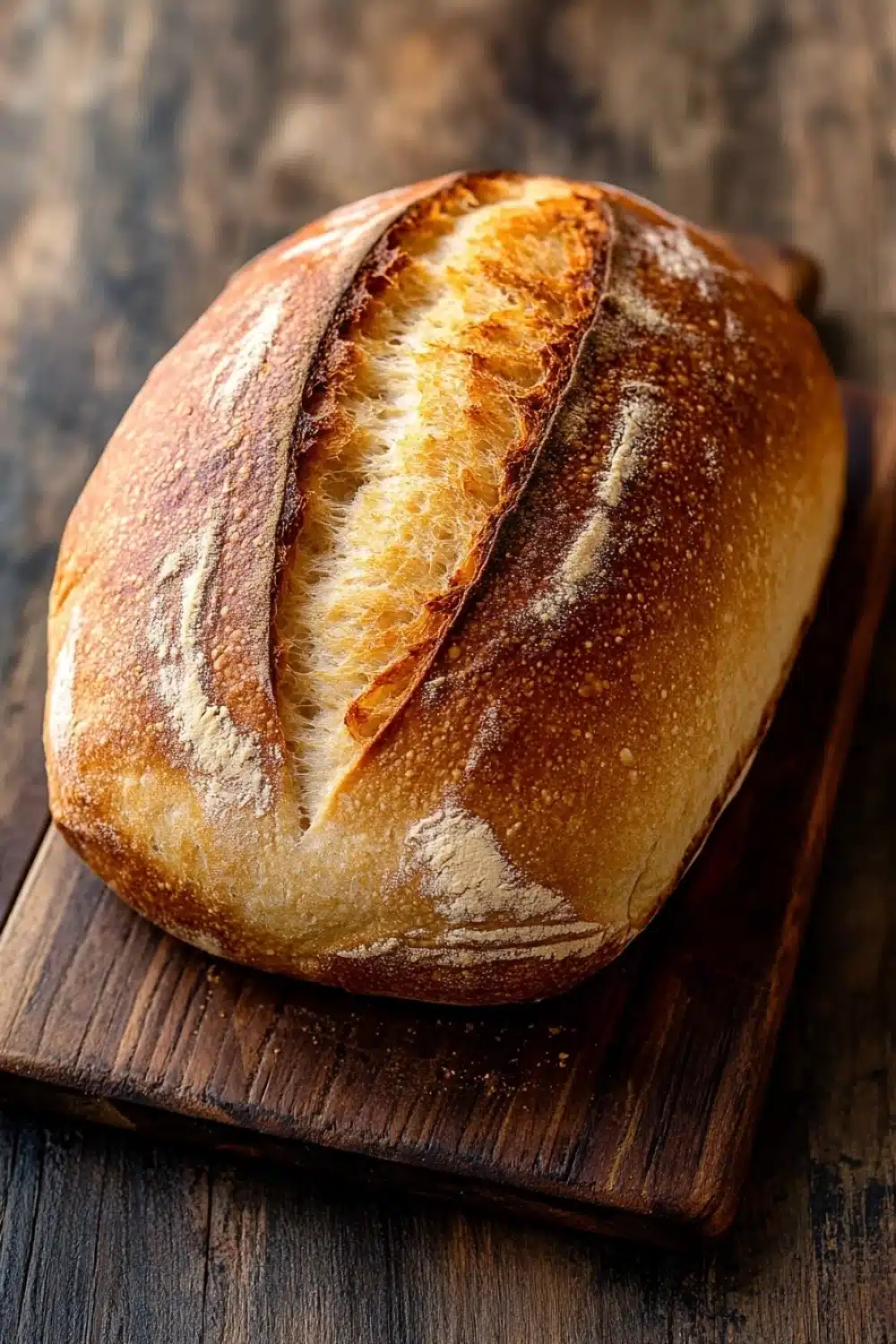 Red star rise yeast bread - the image is a close-up of a freshly baked loaf of bread on a wooden cutting board. the bread is golden brown in color and has a soft, fluffy texture. it appears to be freshly baked, with a slightly crisp crust on top and a soft soft interior. the loaf is resting on a dark wooden surface, and the background is blurred, making the bread the focal point of the image.