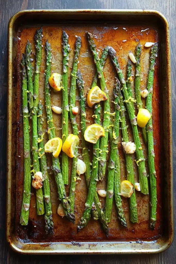 Roasted lemon honey garlic asparagus - the image shows a baking tray with cooked asparagus spears on it. the tray is rectangular in shape and is placed on a wooden table. the spears are arranged in a single layer on the tray, with some of them overlapping each other. on top of the spears, there are small pieces of lemon wedges and garlic cloves scattered around. the garlic cloves are golden brown and appear to be seasoned with herbs and spices. the overall appearance of the dish is fresh and appetizing.