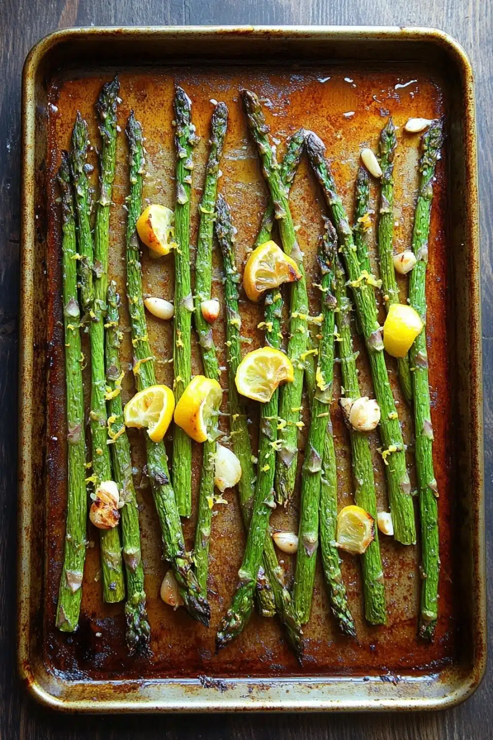 Roasted lemon honey garlic asparagus - the image shows a baking tray with cooked asparagus spears on it. the tray is rectangular in shape and is placed on a wooden table. the spears are arranged in a single layer on the tray, with some of them overlapping each other. on top of the spears, there are small pieces of lemon wedges and garlic cloves scattered around. the garlic cloves are golden brown and appear to be seasoned with herbs and spices. the overall appearance of the dish is fresh and appetizing.