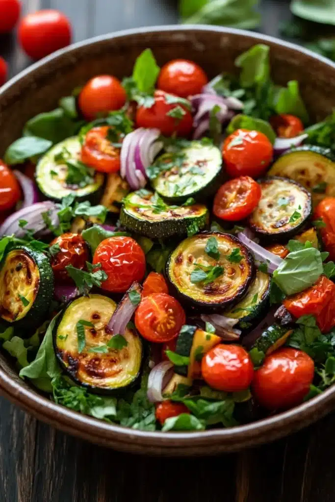 Roasted vegetable salad - the image is a close-up of a colorful salad in a wooden bowl. the salad is made up of various types of vegetables, including zucchini, cherry tomatoes, red onions, and green leafy greens. the vegetables are arranged in a circular pattern, with some overlapping each other. the colors of the vegetables are vibrant and the dish looks fresh and appetizing. the bowl is sitting on a wooden table, and there are a few more cherry tomatoes in the background. the overall mood of the image is fresh and vibrant.