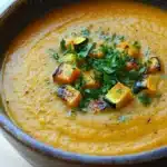 Roasted zucchini and butternut squash soup - the image is a close-up of a bowl of orange-colored soup. the soup appears to be thick and creamy, with a smooth texture. on top of the soup, there are small pieces of grilled squash arranged in a circular pattern. the squash are garnished with a sprig of fresh parsley. the bowl is made of ceramic and has a dark brown rim. the background is a wooden table.
