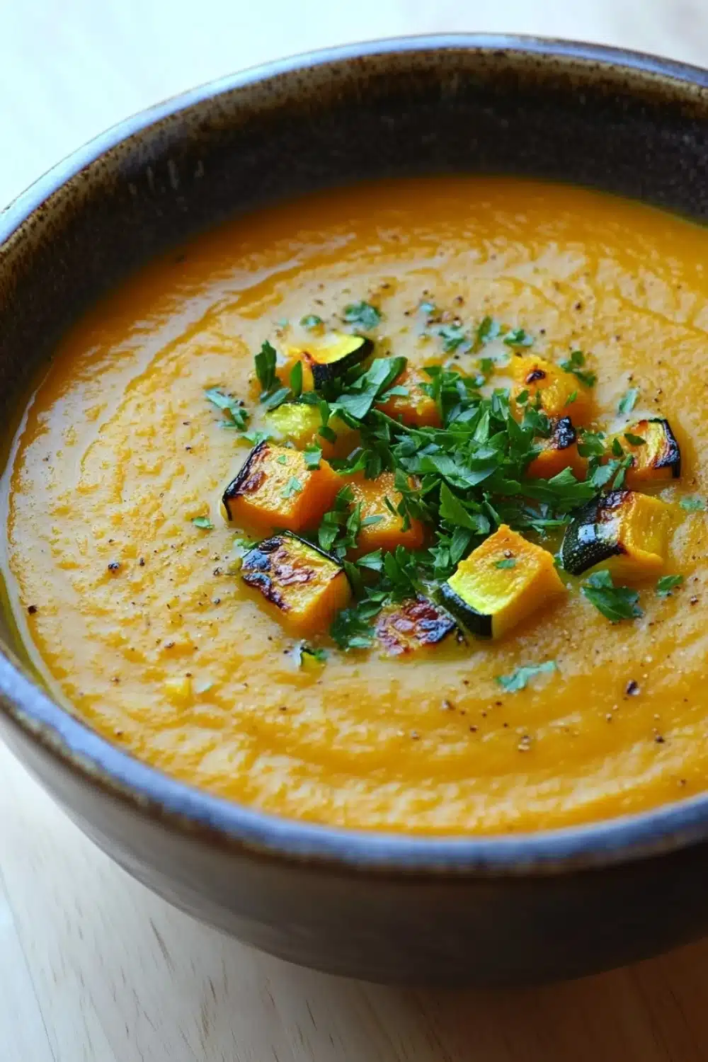 Roasted zucchini and butternut squash soup - the image is a close-up of a bowl of orange-colored soup. the soup appears to be thick and creamy, with a smooth texture. on top of the soup, there are small pieces of grilled squash arranged in a circular pattern. the squash are garnished with a sprig of fresh parsley. the bowl is made of ceramic and has a dark brown rim. the background is a wooden table.