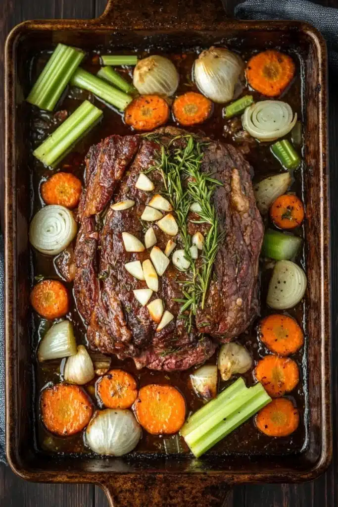 Rosemary garlic roast beef slow cooker - the image shows a large rectangular baking dish filled with a dish of cooked meat and vegetables. the meat appears to be a medium-rare ribeye steak, with a dark brown crust on top. it is garnished with a sprig of rosemary and sliced onions. the vegetables in the dish include carrots, celery, onions, and celery stalks. the dish is sitting on a wooden table with a blue napkin on the side. the overall color scheme of the dish is warm and inviting.