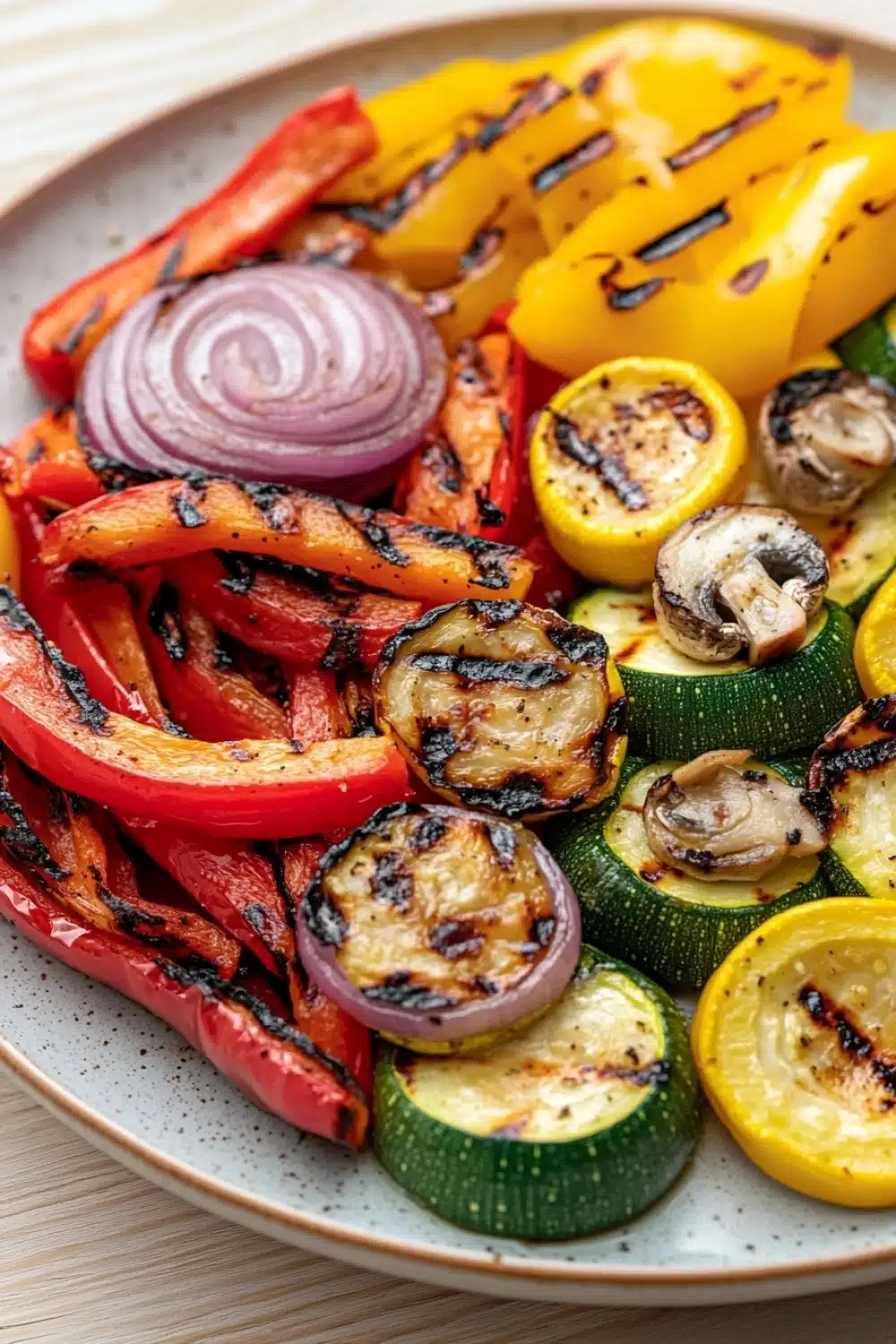 Sauteed vegetables on grill - the image is a close-up of a plate of grilled vegetables. the plate is white with a speckled pattern and is placed on a wooden table. the vegetables are arranged in a circular pattern on the plate. on the left side of the plate, there are sliced red and yellow bell peppers, zucchini, and mushrooms. the bell peppers are grilled to a golden brown color and have a crispy texture. the mushrooms are sliced into thin slices and are placed on top of the vegetables, adding a pop of color to the dish. the overall appearance is colorful and appetizing.