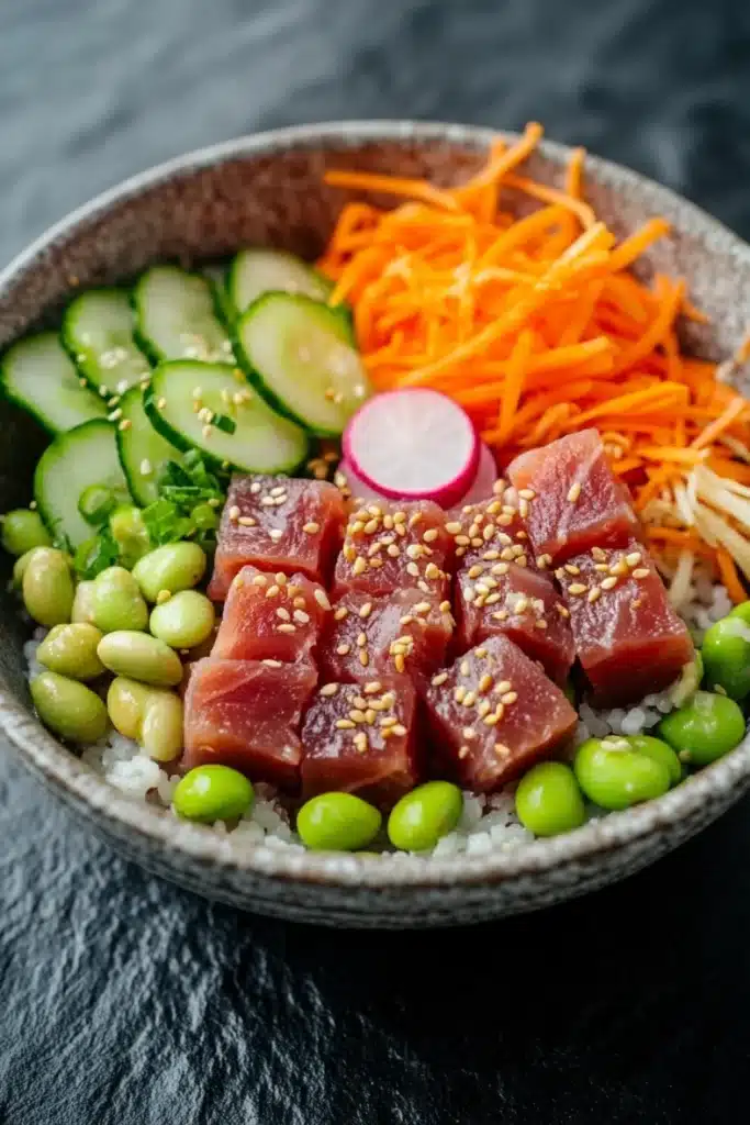 Seared tuna poke bowl - the image is a close-up of a bowl of food. the bowl is made of dark brown ceramic and is placed on a dark grey textured surface. the food in the bowl appears to be a poke bowl with a variety of ingredients. on top of the poke bowl, there are sliced cucumbers, carrots, and edamame, as well as sliced radishes and sesame seeds. the rice is white and fluffy, and the food is arranged in an aesthetically pleasing manner. the colors of the ingredients are vibrant and the dish looks fresh and appetizing.