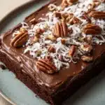 Sheet cake german chocolate - the image is of a slice of chocolate cake on a blue plate. the cake has a thick layer of chocolate frosting on top, with chopped pecans scattered throughout. the frosting is a rich, dark brown color and appears to be smooth and glossy. the pecan pieces are arranged in a scattered manner, with some overlapping each other. the plate is sitting on a wooden table, and the background is blurred, making the cake the focal point of the image.