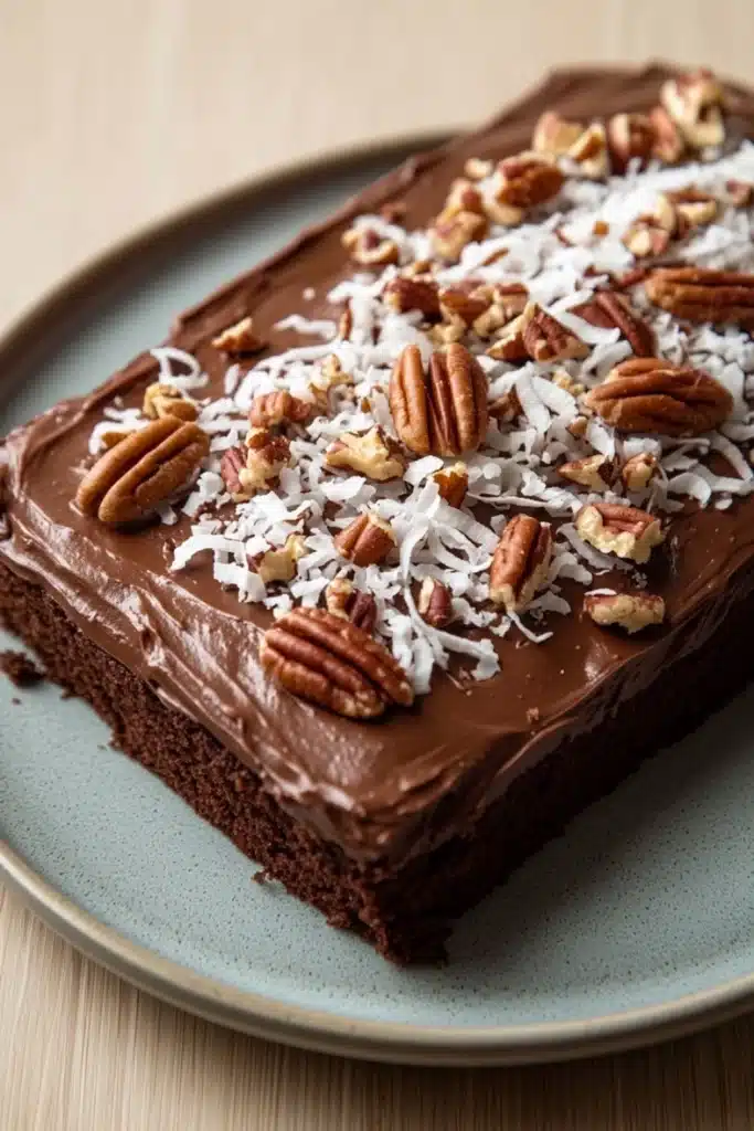 Sheet cake german chocolate - the image is of a slice of chocolate cake on a blue plate. the cake has a thick layer of chocolate frosting on top, with chopped pecans scattered throughout. the frosting is a rich, dark brown color and appears to be smooth and glossy. the pecan pieces are arranged in a scattered manner, with some overlapping each other. the plate is sitting on a wooden table, and the background is blurred, making the cake the focal point of the image.