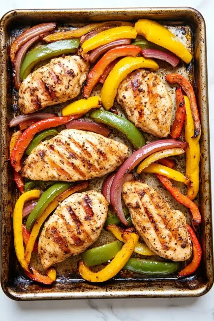Sheet pan chicken breast with fajita veggies - the image shows a rectangular baking tray filled with grilled chicken and colorful bell peppers. the chicken is cooked to a golden brown color and appears to be seasoned with herbs and spices. the bell peppers are of different colors - red, yellow, green, and orange - and are arranged in a circular pattern around the chicken. the tray is lined with parchment paper and is sitting on a white marble countertop.
