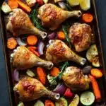 Sheet pan chicken legs and vegetables - the image shows a rectangular baking tray with roasted chicken drumsticks on it. the drumsticks are golden brown and appear to be seasoned with herbs and spices. they are arranged in a single layer on the tray, with some of them overlapping each other. the tray is filled with sliced vegetables such as carrots, zucchini, and cucumbers, as well as sliced lemons and rosemary sprigs. the vegetables are garnished with a sprig of rosemary. the background is a dark grey countertop.