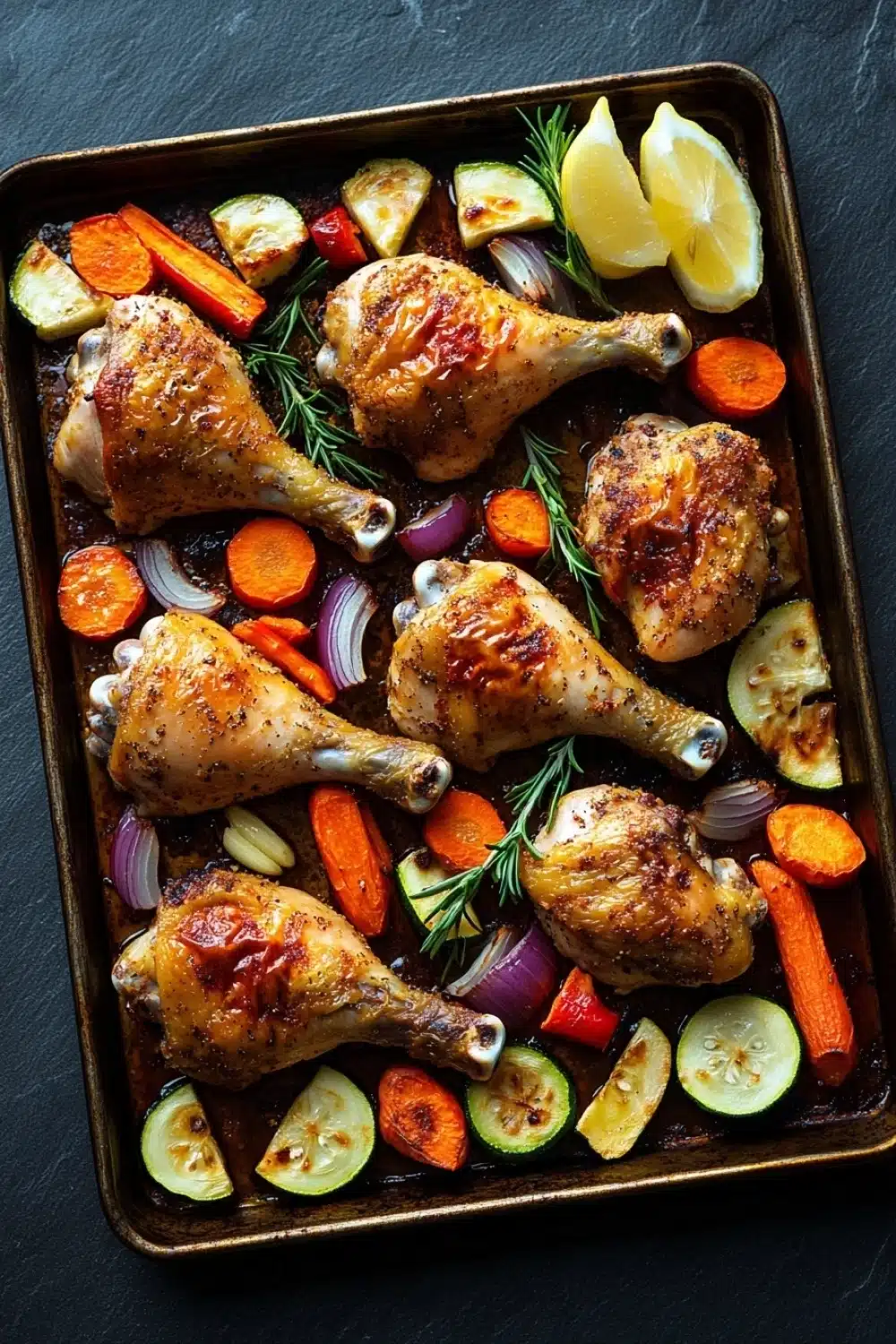 Sheet pan chicken legs and vegetables - the image shows a rectangular baking tray with roasted chicken drumsticks on it. the drumsticks are golden brown and appear to be seasoned with herbs and spices. they are arranged in a single layer on the tray, with some of them overlapping each other. the tray is filled with sliced vegetables such as carrots, zucchini, and cucumbers, as well as sliced lemons and rosemary sprigs. the vegetables are garnished with a sprig of rosemary. the background is a dark grey countertop.
