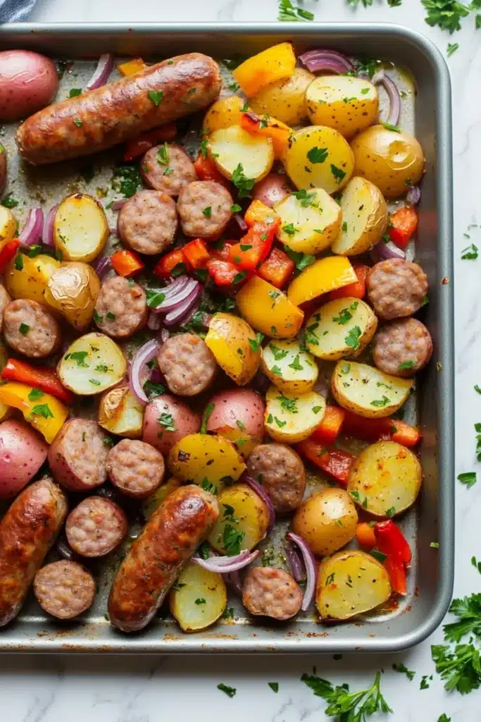 Sheet pan dinner sausage and potatoes - the image shows a baking tray filled with a variety of ingredients. on the left side of the tray, there are two sausages, one red and one yellow, which appear to be cooked sausage. next to the sausage, there is a pile of diced potatoes, red onions, and yellow bell peppers. the potatoes are cut into small cubes and are arranged in a pile on top of each other. the tray is lined with parchment paper and is garnished with fresh parsley. the background is a white marble countertop.