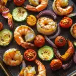 Sheet pan dinner with shrimp and vegetables - the image shows a tray of cooked shrimp and vegetables on a wooden table. the shrimp are arranged in a circular pattern on the tray, with some overlapping each other. they are cooked to a golden brown color and appear to be seasoned with herbs and spices. the vegetables include sliced zucchini, cherry tomatoes, red onions, and cherry tomatoes. the tray is lined with parchment paper, and the background is dark, making the colors of the vegetables stand out.