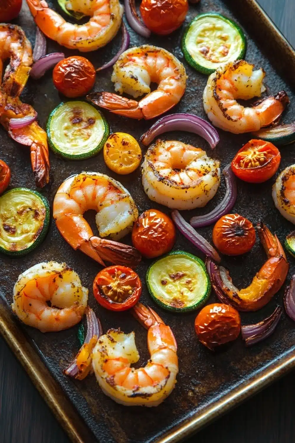 Sheet pan dinner with shrimp and vegetables - the image shows a tray of cooked shrimp and vegetables on a wooden table. the shrimp are arranged in a circular pattern on the tray, with some overlapping each other. they are cooked to a golden brown color and appear to be seasoned with herbs and spices. the vegetables include sliced zucchini, cherry tomatoes, red onions, and cherry tomatoes. the tray is lined with parchment paper, and the background is dark, making the colors of the vegetables stand out.