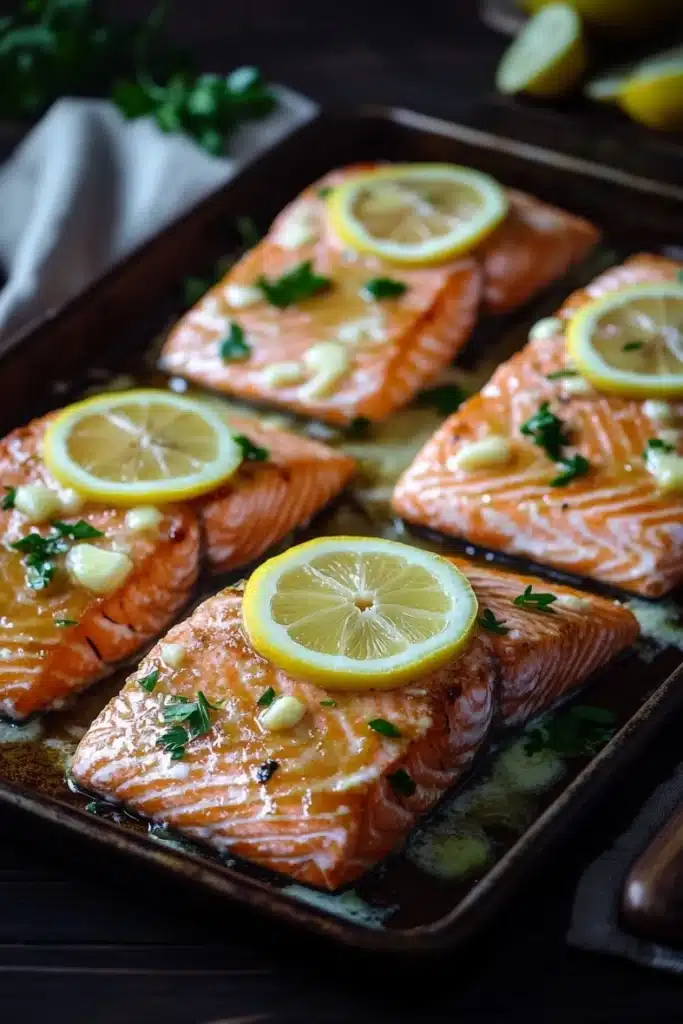 Sheet pan garlic lemon butter salmon - the image shows four pieces of salmon on a baking tray. the salmon is cooked to a golden brown color and appears to be seasoned with herbs and lemon wedges. the tray is lined with parchment paper and there are a few sprigs of parsley scattered around the tray. in the background, there are more lemons and a white napkin. the overall aesthetic of the image is rustic and appetizing.