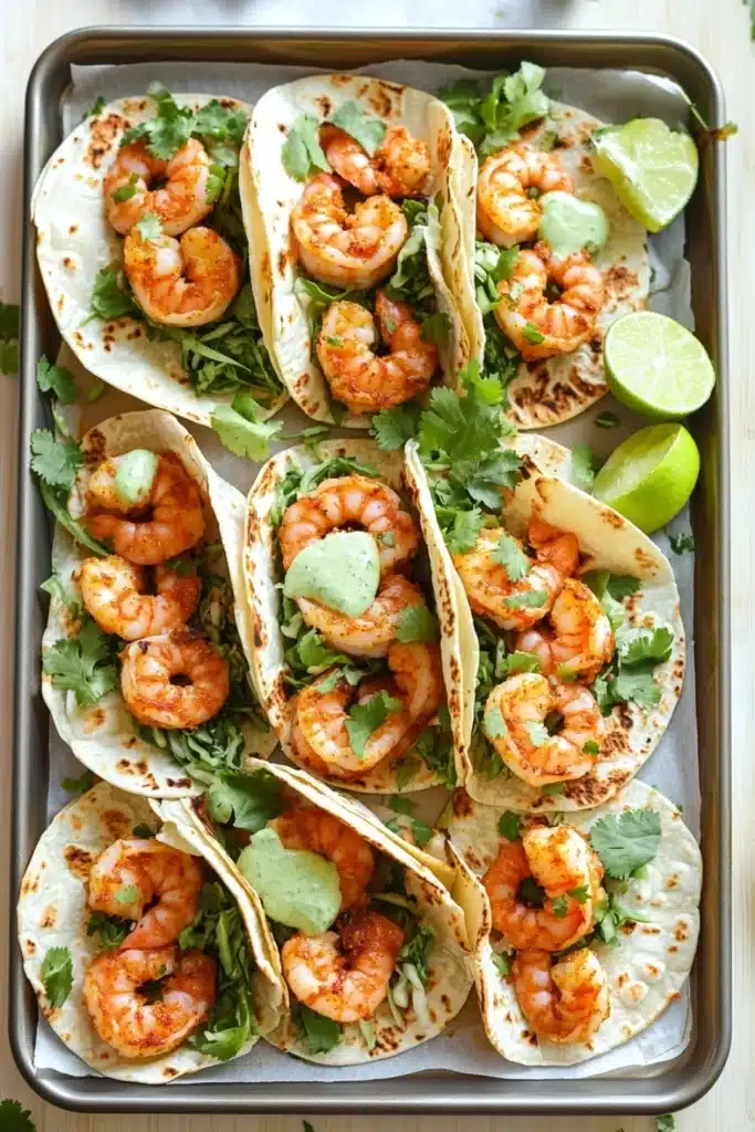 Sheet pan spicy shrimp tacos with jalapeno lime crema - the image shows a tray of six shrimp tacos on a wooden table. the tacos are made with tortilla shells and are filled with shrimp, avocado, and cilantro. there are also two lime wedges on the tray. the tray is lined with parchment paper and there are a few sprigs of cilantro scattered around the tray, adding a pop of green color to the dish. the background is blurred, but it appears to be a kitchen countertop.