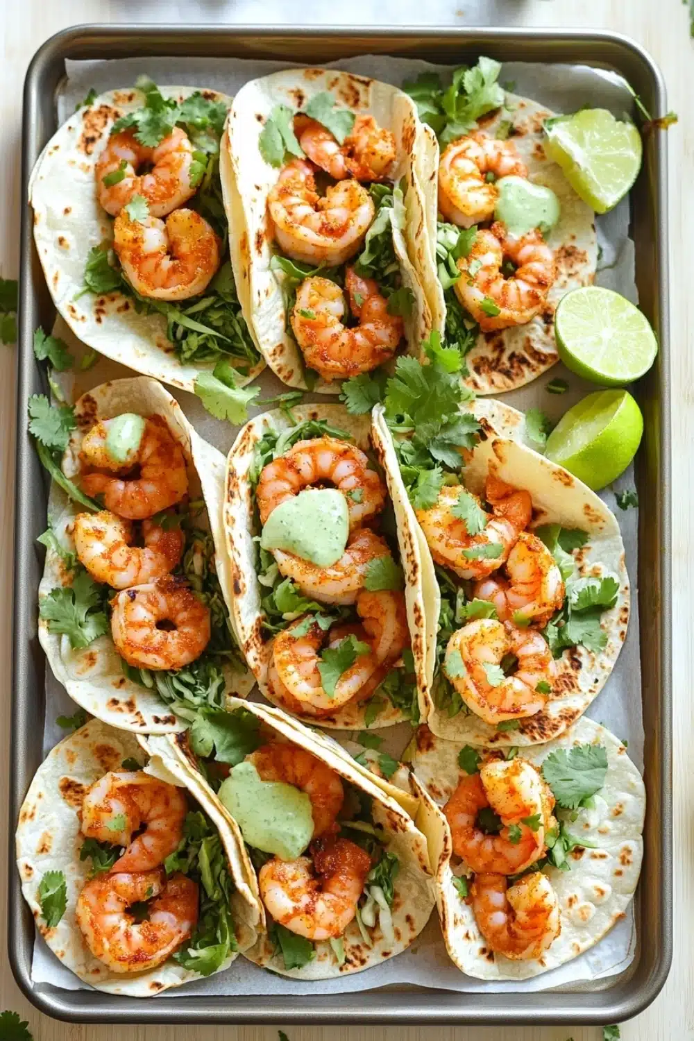 Sheet pan spicy shrimp tacos with jalapeno lime crema - the image shows a tray of six shrimp tacos on a wooden table. the tacos are made with tortilla shells and are filled with shrimp, avocado, and cilantro. there are also two lime wedges on the tray. the tray is lined with parchment paper and there are a few sprigs of cilantro scattered around the tray, adding a pop of green color to the dish. the background is blurred, but it appears to be a kitchen countertop.