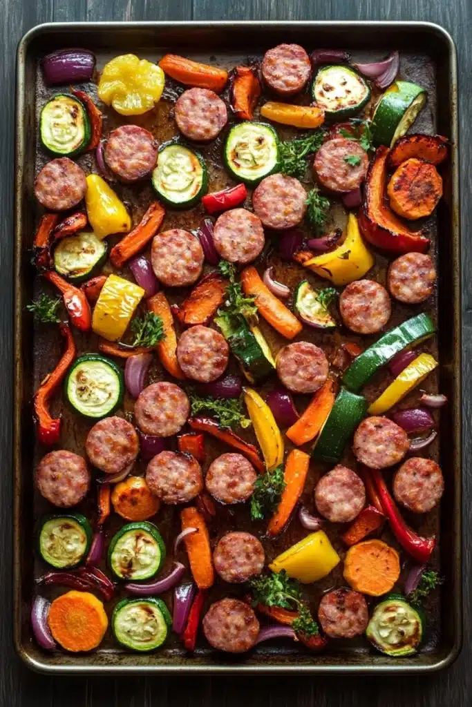 Sheet pan vegetables and sausage - the image shows a rectangular baking tray filled with a variety of colorful vegetables. the vegetables include sliced zucchini, carrots, bell peppers, and onions. the tray is lined with parchment paper and is placed on a wooden table. the colors of the vegetables are vibrant and the dish looks appetizing. there are also some herbs and spices scattered throughout the tray, adding a pop of green to the dish.