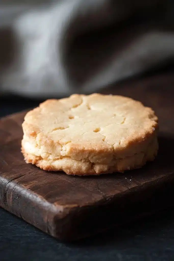 Shortbread cookie illustration - the image shows a single cookie on a wooden cutting board. the cookie appears to be freshly baked and has a golden brown color. it has a crumbly texture and is slightly uneven on the edges. the cutting board is dark and has some scratches and marks on it. the background is blurred, but it seems to be a kitchen countertop with a white cloth napkin on the right side. the overall mood of the image is rustic and cozy.