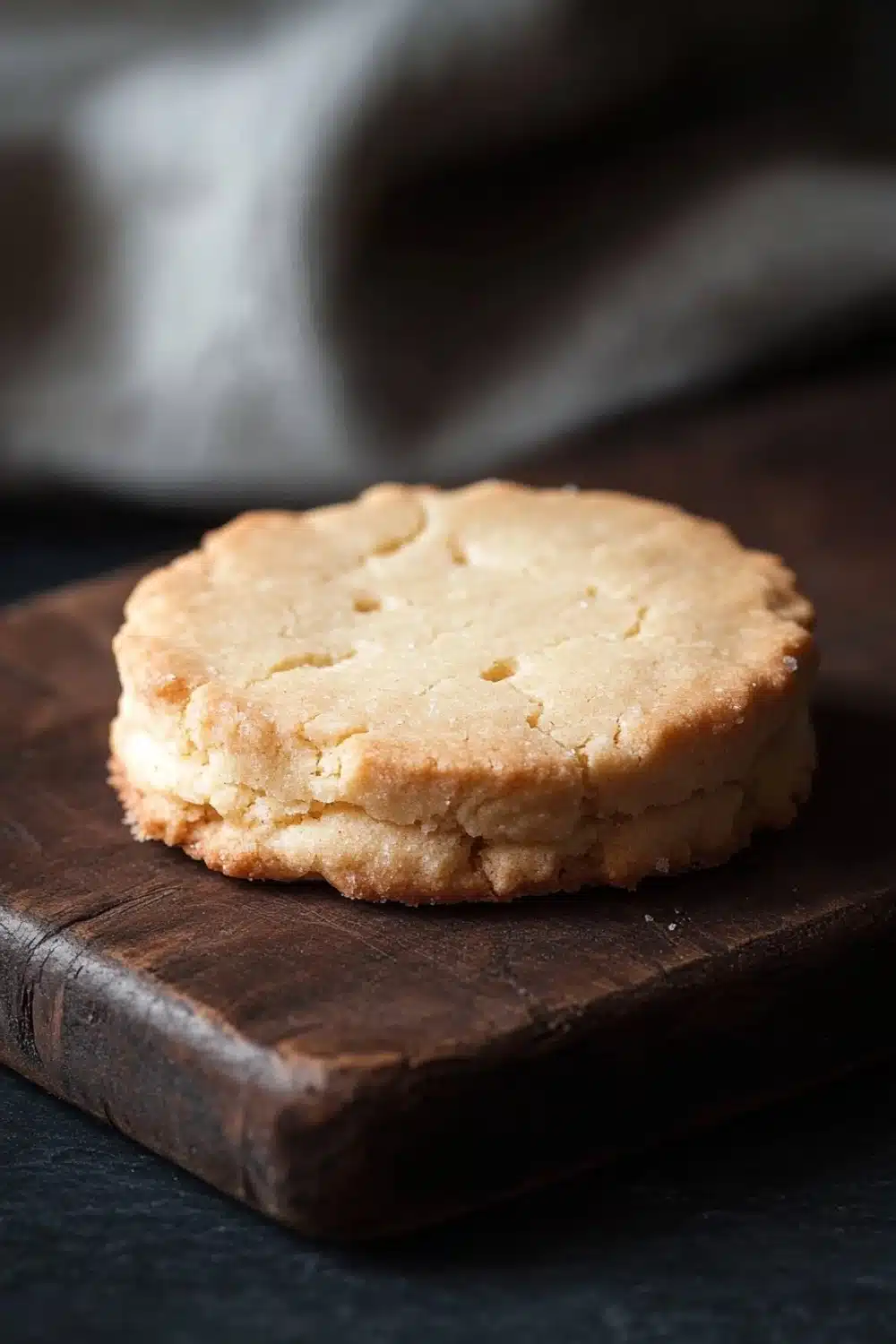 Shortbread cookie illustration - the image shows a single cookie on a wooden cutting board. the cookie appears to be freshly baked and has a golden brown color. it has a crumbly texture and is slightly uneven on the edges. the cutting board is dark and has some scratches and marks on it. the background is blurred, but it seems to be a kitchen countertop with a white cloth napkin on the right side. the overall mood of the image is rustic and cozy.