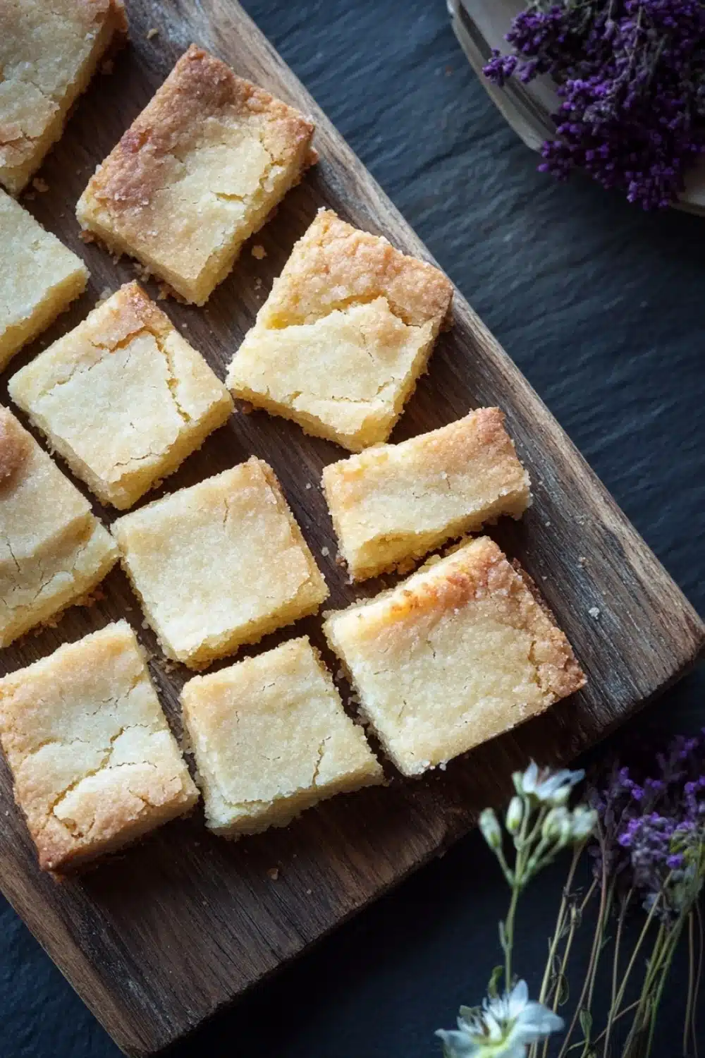 Shortbread cookie squares - the image shows a wooden cutting board with several square-shaped pieces of cake arranged in a grid-like pattern. the cake appears to be freshly baked and has a golden-brown crust on top. the board is placed on a dark wooden table with a few purple flowers scattered around it. the background is blurred, but it seems to be a kitchen countertop. the overall mood of the image is rustic and cozy.