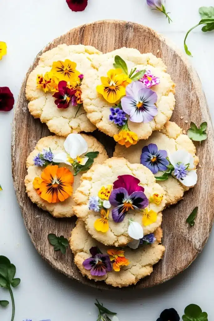 Shortbread cookie with edible flowers - the image shows a wooden plate with six freshly baked cookies arranged in a circular pattern. the cookies are golden brown and have a crumbly texture. each cookie is decorated with colorful pansies in shades of yellow, orange, purple, and white. the pansies are scattered around the plate, adding a pop of color to the image. the plate is surrounded by a few green leaves, giving it a natural and rustic feel. the background is a white marble surface.