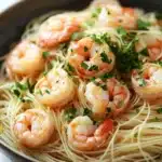 Shrimp scampi angel hair pasta - the image shows a plate of spaghetti with shrimp and parsley. the spaghetti is cooked al dente and is topped with small pieces of shrimp. the shrimp are pink and appear to be cooked medium-sized. the parsley is a bright green color and is scattered throughout the dish. the plate is black and is sitting on a white tablecloth. there is a slice of lemon on the side of the plate.
