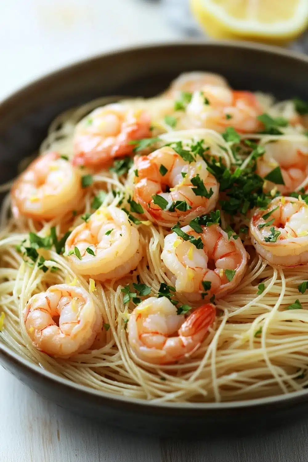 Shrimp scampi angel hair pasta - the image shows a plate of spaghetti with shrimp and parsley. the spaghetti is cooked al dente and is topped with small pieces of shrimp. the shrimp are pink and appear to be cooked medium-sized. the parsley is a bright green color and is scattered throughout the dish. the plate is black and is sitting on a white tablecloth. there is a slice of lemon on the side of the plate.