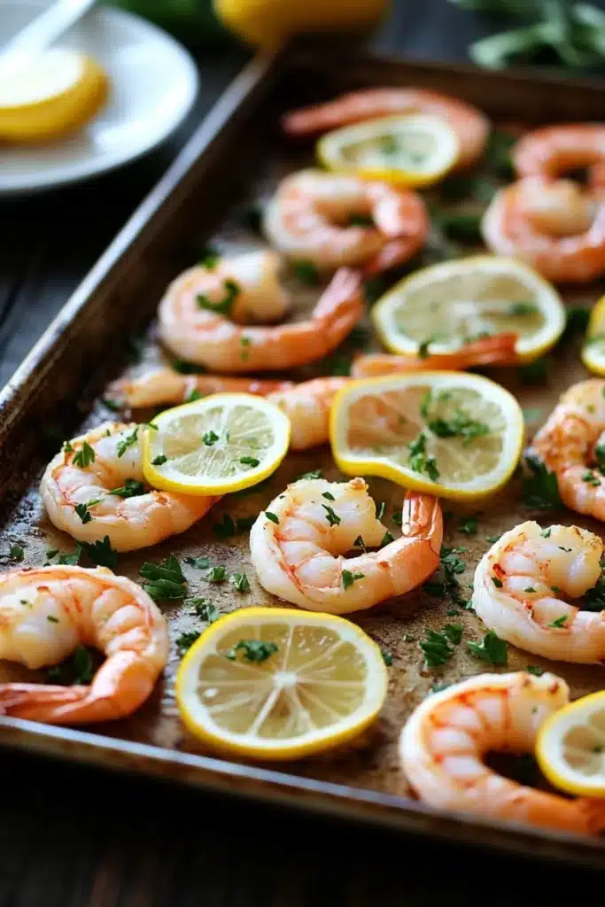 Shrimp sheet pan lemon - the image shows a baking tray with cooked shrimp on it. the shrimp are pink and appear to be seasoned with herbs and lemon wedges. the tray is lined with parchment paper and there are a few sprigs of parsley scattered around the tray. in the background, there is a white plate with a fork and knife on it, suggesting that the shrimp are ready to be served. the overall color scheme of the image is warm and inviting.