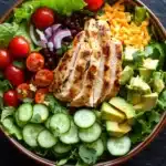 Siracha lime chicken chopped salad - the image is of a large bowl filled with a colorful salad. the salad is made up of various greens, including lettuce, cherry tomatoes, black beans, and sliced avocado. on top of the salad, there is a piece of grilled chicken that appears to be seasoned with herbs and spices. the chicken is golden brown and looks crispy on the outside. the bowl is sitting on a black countertop.