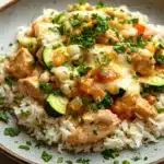 Skillet chicken zucchini and cheesy rice - the image shows a plate of food with a serving of rice and chicken. the rice is white and fluffy, and the chicken is cooked in a creamy orange sauce with chunks of chicken and zucchini scattered throughout. the dish is garnished with fresh parsley. the plate is sitting on a white marble countertop, and there is a wooden spoon resting on the side. the overall color scheme of the dish is warm and inviting.