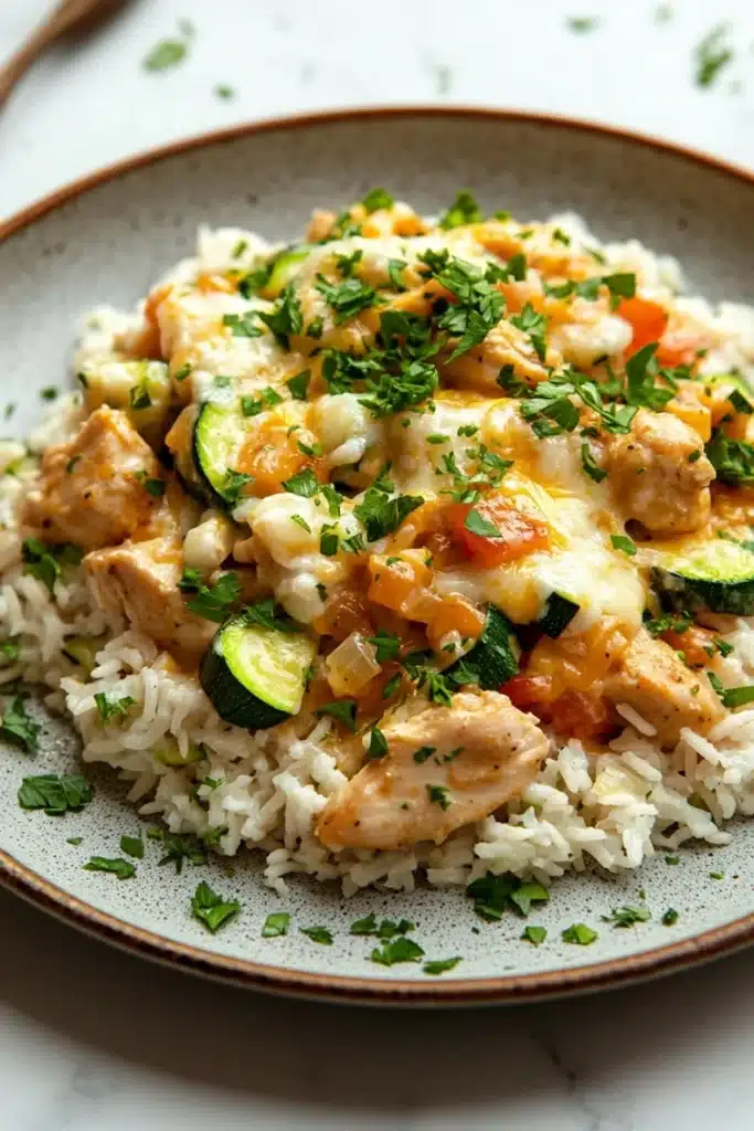Skillet chicken zucchini and cheesy rice - the image shows a plate of food with a serving of rice and chicken. the rice is white and fluffy, and the chicken is cooked in a creamy orange sauce with chunks of chicken and zucchini scattered throughout. the dish is garnished with fresh parsley. the plate is sitting on a white marble countertop, and there is a wooden spoon resting on the side. the overall color scheme of the dish is warm and inviting.