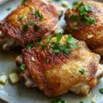 Skillet garlic dijon chicken thighs - the image shows a plate of grilled chicken breasts on a wooden table. the chicken breasts are golden brown and appear to be seasoned with herbs and spices. they are arranged in a circular pattern on the plate, with some of them overlapping each other. the plate is garnished with a sprig of fresh parsley. there are also some small pieces of garlic scattered around the plate. the background is blurred, but it appears to be a kitchen countertop.
