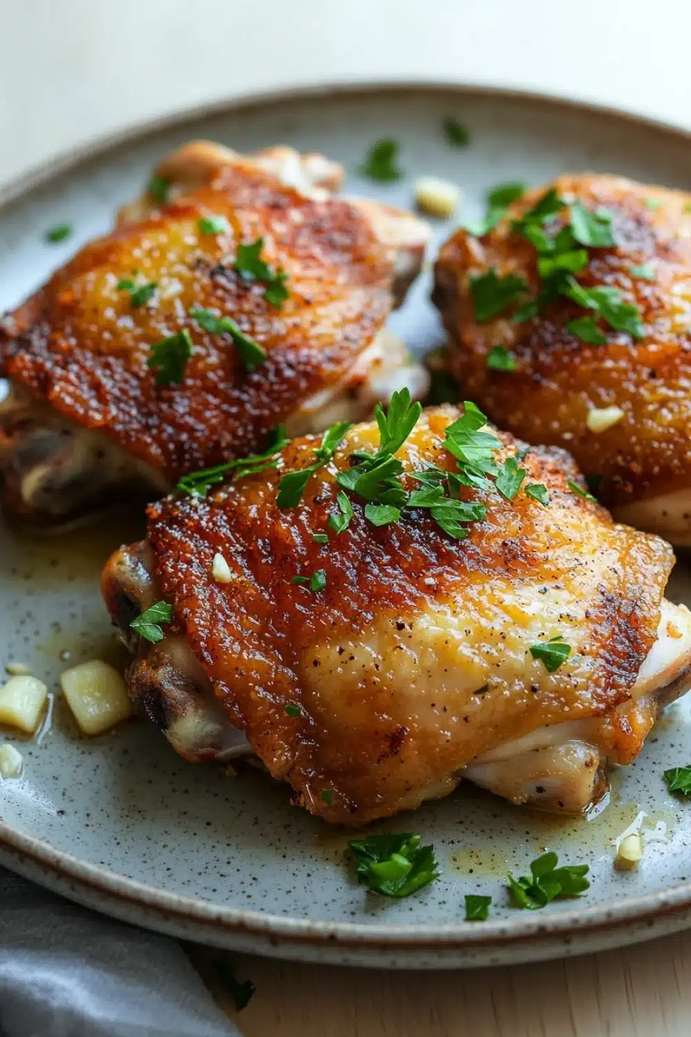 Skillet garlic dijon chicken thighs - the image shows a plate of grilled chicken breasts on a wooden table. the chicken breasts are golden brown and appear to be seasoned with herbs and spices. they are arranged in a circular pattern on the plate, with some of them overlapping each other. the plate is garnished with a sprig of fresh parsley. there are also some small pieces of garlic scattered around the plate. the background is blurred, but it appears to be a kitchen countertop.