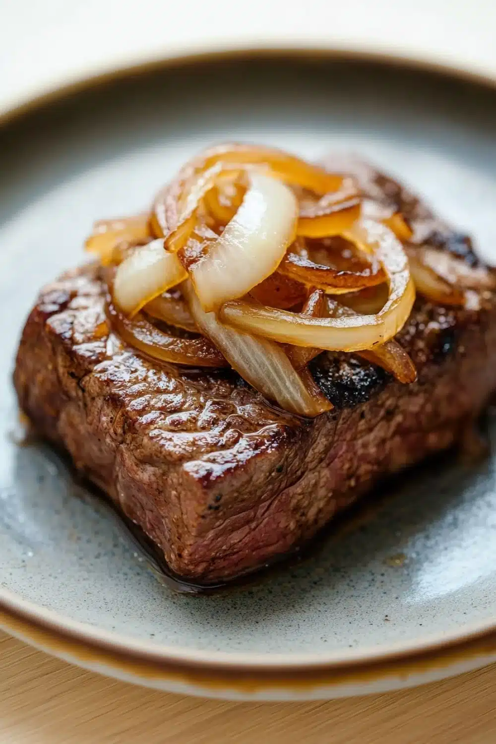 Slow cooker beef cube steak - the image shows a plate of food with a piece of steak on it. the steak appears to be cooked medium-rare and has a dark brown crust on the outside. on top of the steak, there are sliced onions arranged in a circular pattern. the onions are golden brown and appear to be seasoned with herbs and spices. the plate is a light blue color with a speckled pattern around the edges. the background is blurred, but it seems to be a wooden table.