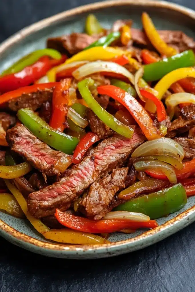 Slow cooker beef fajitas slow cooker - the image is a close-up of a plate of food. the plate is made of ceramic and has a blue rim. the food appears to be a stir-fry with sliced red, yellow, and green bell peppers, onions, and beef. the beef is cooked medium-rare and is arranged in a pile on top of the vegetables. the colors of the ingredients are vibrant and the dish looks appetizing. the background is dark and out of focus, making the plate and vegetables stand out.