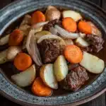 Slow cooker beef hotpot - the image is a close-up of a bowl of beef stew on a wooden table. the stew is made with chunks of beef, potatoes, carrots, onions, and other vegetables. the beef is cooked in a rich, dark brown sauce and appears to be seasoned with herbs and spices. the potatoes are cut into small cubes and are arranged in a pile on top of the beef. the carrots are bright orange and appear to be fresh. the onions are sliced and are scattered throughout the stew. the bowl is made of dark brown ceramic with a speckled pattern around the edges. the background is blurred, making the stew the focal point of the image.
