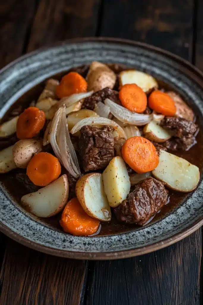 Slow cooker beef hotpot - the image is a close-up of a bowl of beef stew on a wooden table. the stew is made with chunks of beef, potatoes, carrots, onions, and other vegetables. the beef is cooked in a rich, dark brown sauce and appears to be seasoned with herbs and spices. the potatoes are cut into small cubes and are arranged in a pile on top of the beef. the carrots are bright orange and appear to be fresh. the onions are sliced and are scattered throughout the stew. the bowl is made of dark brown ceramic with a speckled pattern around the edges. the background is blurred, making the stew the focal point of the image.