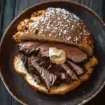 Slow cooker beef on weck - the image shows a plate with a sandwich on it. the sandwich is made with a sesame seed bun and is topped with sliced beef. the beef appears to be cooked medium-rare and has a dark brown color. on top of the beef, there is a dollop of creamy white sauce. the plate is black and the background is a wooden table.