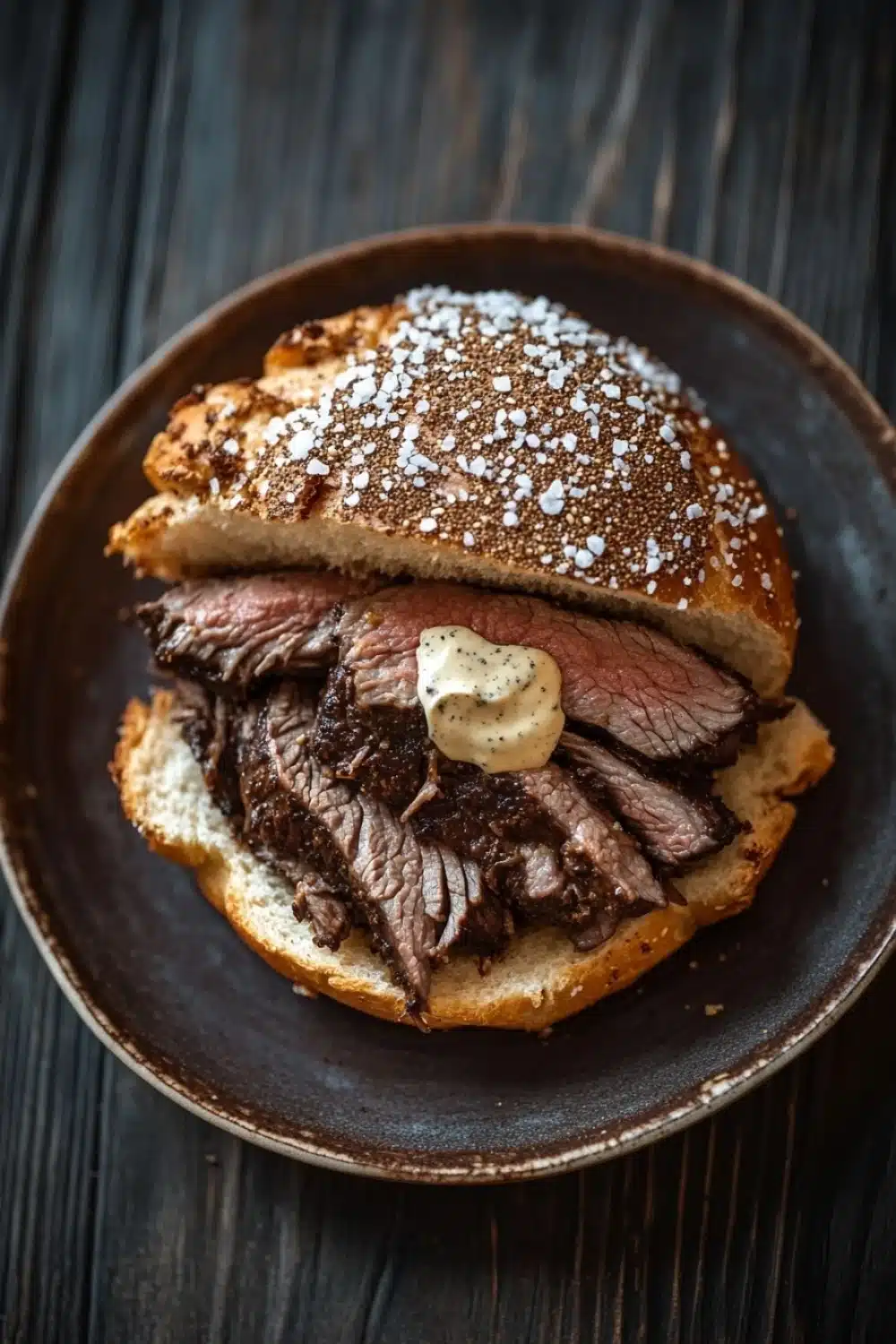 Slow cooker beef on weck - the image shows a plate with a sandwich on it. the sandwich is made with a sesame seed bun and is topped with sliced beef. the beef appears to be cooked medium-rare and has a dark brown color. on top of the beef, there is a dollop of creamy white sauce. the plate is black and the background is a wooden table.