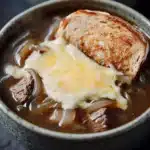 Slow cooker beef onion soup - the image shows two bowls of soup with a slice of bread on top. the soup appears to be a dark brown color and has chunks of meat and onions mixed in. the bread is golden brown and has a crumbly texture. on top of the bread, there is a dollop of melted cheese. the bowls are sitting on a dark blue tablecloth. the overall mood of the image is warm and inviting.