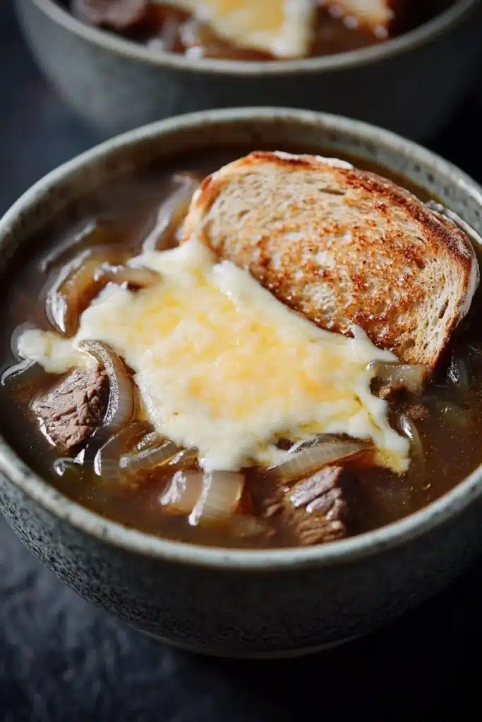 Slow cooker beef onion soup - the image shows two bowls of soup with a slice of bread on top. the soup appears to be a dark brown color and has chunks of meat and onions mixed in. the bread is golden brown and has a crumbly texture. on top of the bread, there is a dollop of melted cheese. the bowls are sitting on a dark blue tablecloth. the overall mood of the image is warm and inviting.
