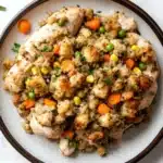 Slow cooker chicken and stuffing - the image shows a plate of food on a white marble countertop. the plate is round and has a brown rim. the food appears to be a dish made with chicken, vegetables, and crumbled breadcrumbs. the chicken is cooked to a golden brown color and is garnished with chopped parsley. the vegetables include carrots, peas, and corn kernels. the crumbs are scattered throughout the dish, giving it a crunchy texture. the dish looks appetizing and ready to eat.