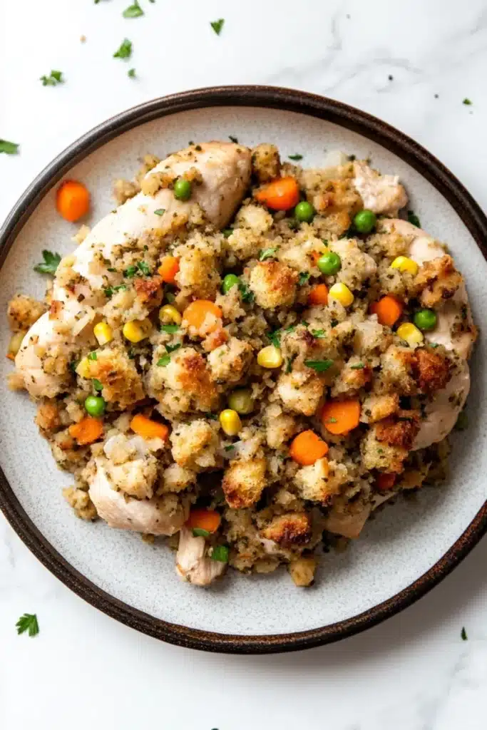 Slow cooker chicken and stuffing - the image shows a plate of food on a white marble countertop. the plate is round and has a brown rim. the food appears to be a dish made with chicken, vegetables, and crumbled breadcrumbs. the chicken is cooked to a golden brown color and is garnished with chopped parsley. the vegetables include carrots, peas, and corn kernels. the crumbs are scattered throughout the dish, giving it a crunchy texture. the dish looks appetizing and ready to eat.