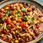 Slow cooker chicken chili - the image is a close-up of a bowl of chili. the chili is a rich red color and appears to be thick and hearty. it is filled with chunks of chicken, corn, black beans, red bell peppers, and shredded cheese. there are also some fresh cilantro leaves scattered throughout the dish. the bowl is made of ceramic and is sitting on a dark grey surface. the background is blurred, making the chili the focal point of the image.