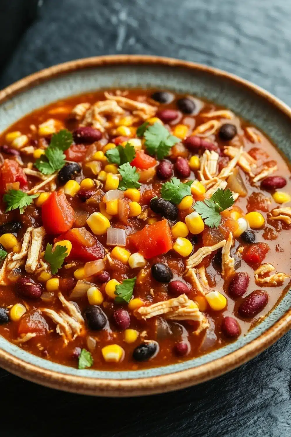 Slow cooker chicken chili - the image is a close-up of a bowl of chili. the chili is a rich red color and appears to be thick and hearty. it is filled with chunks of chicken, corn, black beans, red bell peppers, and shredded cheese. there are also some fresh cilantro leaves scattered throughout the dish. the bowl is made of ceramic and is sitting on a dark grey surface. the background is blurred, making the chili the focal point of the image.