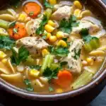 Slow cooker chicken corn noodle soup - the image is a close-up of a bowl of soup. the soup appears to be a creamy yellow color with chunks of chicken, corn, carrots, celery, and other vegetables mixed in. the bowl is made of dark brown ceramic and is sitting on a dark grey countertop. there are also a few sprigs of parsley scattered throughout the soup, adding a pop of green color to the dish.