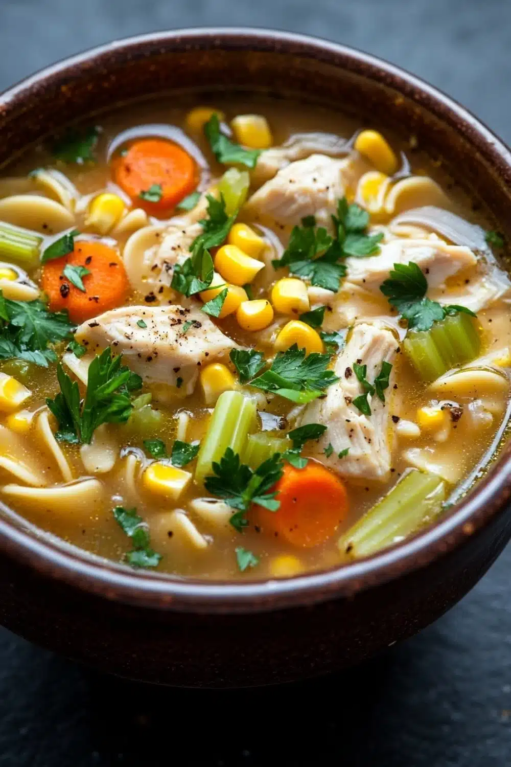 Slow cooker chicken corn noodle soup - the image is a close-up of a bowl of soup. the soup appears to be a creamy yellow color with chunks of chicken, corn, carrots, celery, and other vegetables mixed in. the bowl is made of dark brown ceramic and is sitting on a dark grey countertop. there are also a few sprigs of parsley scattered throughout the soup, adding a pop of green color to the dish.