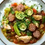 Slow cooker chicken gumbo - the image is a close-up of a bowl of food. the bowl is made of ceramic and has a light brown color. the food in the bowl appears to be a stew or stew with chunks of chicken, sausage, and vegetables. the dish is garnished with sliced cucumbers, red bell peppers, and green onions. the rice is white and fluffy. the background is a white marble countertop.