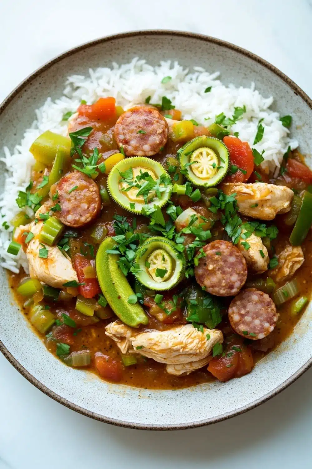 Slow cooker chicken gumbo - the image is a close-up of a bowl of food. the bowl is made of ceramic and has a light brown color. the food in the bowl appears to be a stew or stew with chunks of chicken, sausage, and vegetables. the dish is garnished with sliced cucumbers, red bell peppers, and green onions. the rice is white and fluffy. the background is a white marble countertop.